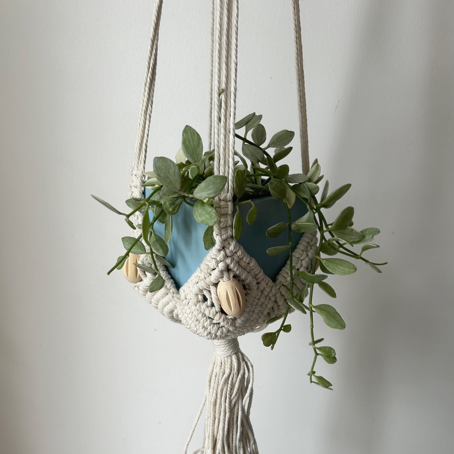 Macrame pouch + square pot Baby Blue